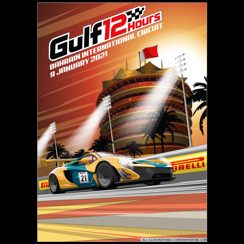 Gulf 12 Hours race poster Illustration by Chris Rathbone