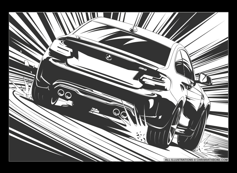 BMW M2 comic book style illustration by Chris Rathbone
