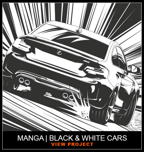 Black & white Manga cars Illustrations by Chris Rathbone