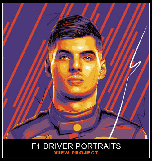 F1 driver portrait illustrations by Chris Rathbone